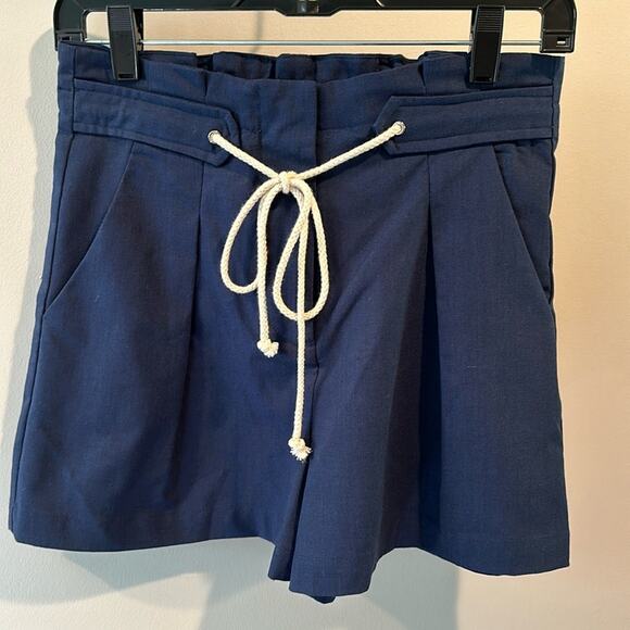 Wishlist Small Navy Blue Pleated Linen Blend Pull On Paper Bag Shorts - Picture 2 of 9